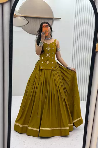 Olive Green Handwork codi & mirror work Cotton Navratri Lahenga Choli