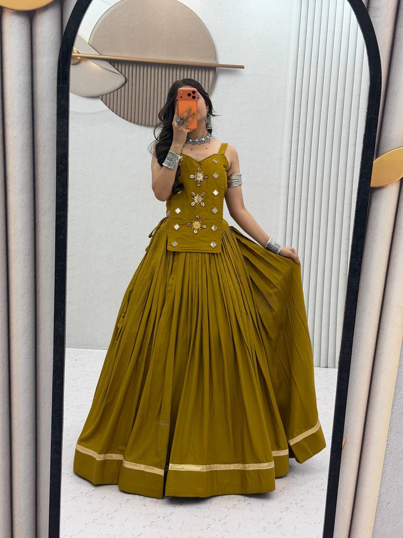 Olive Green Handwork codi & mirror work Cotton Navratri Lahenga Choli