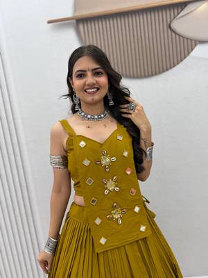 Olive Green Handwork codi & mirror work Cotton Navratri Lahenga Choli 3