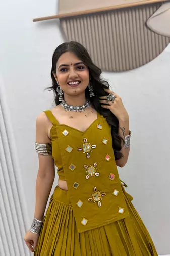 Olive Green Handwork codi & mirror work Cotton Navratri Lahenga Choli