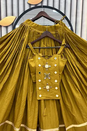 Olive Green Handwork codi & mirror work Cotton Navratri Lahenga Choli