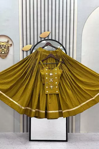 Olive Green Handwork codi & mirror work Cotton Navratri Lahenga Choli