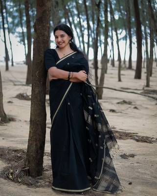 Black color Cotton silk sarees with blouse 1