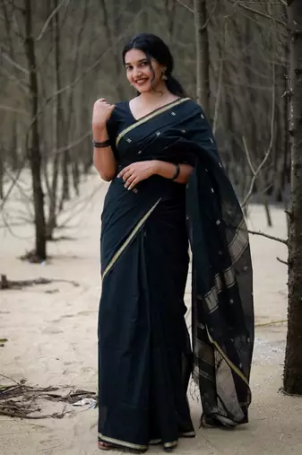 Black color Cotton silk sarees with blouse