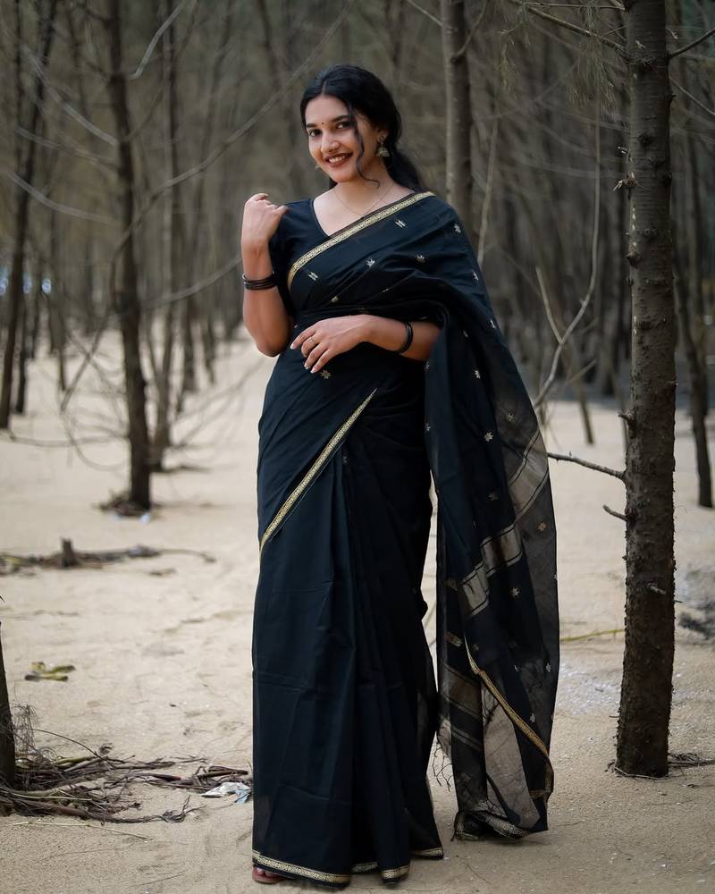 Black color Cotton silk sarees with blouse