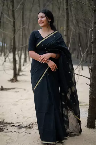 Black color Cotton silk sarees with blouse