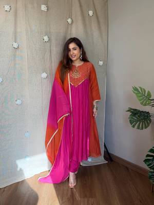 hot rani pink color handwork  mull chanderi kurti plazzo set 1