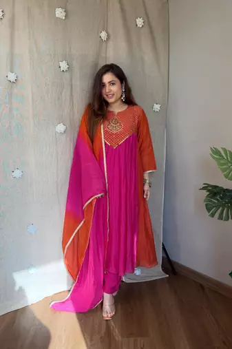 hot rani pink color handwork  mull chanderi kurti plazzo set