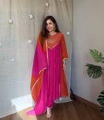 hot rani pink color handwork  mull chanderi kurti plazzo set