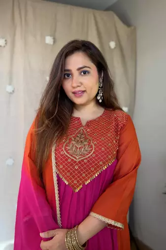hot rani pink color handwork  mull chanderi kurti plazzo set