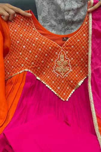 hot rani pink color handwork  mull chanderi kurti plazzo set