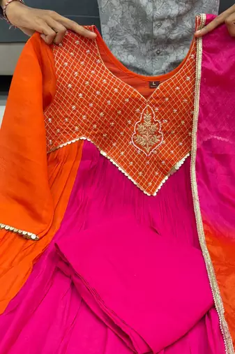 hot rani pink color handwork  mull chanderi kurti plazzo set