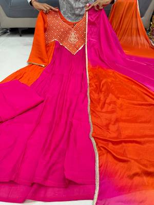 hot rani pink color handwork  mull chanderi kurti plazzo set 5