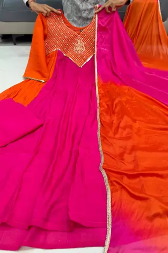 hot rani pink color handwork  mull chanderi kurti plazzo set