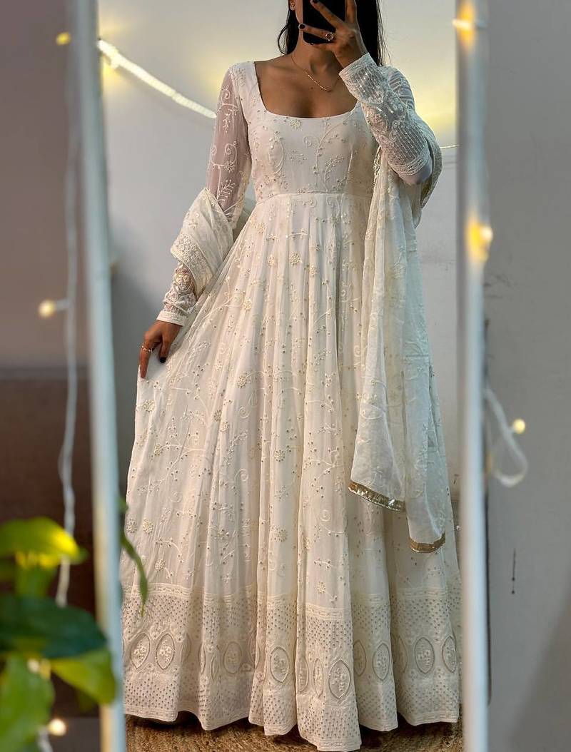 White Color Sequence And Embroidery Work Georgette Salwar Suit