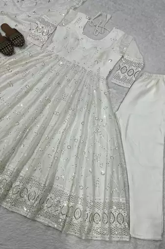 White Color Sequence And Embroidery Work Georgette Salwar Suit