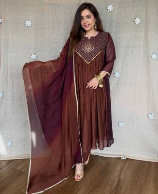 brown color handwork  mull chanderi kurti Palazzo  set 1