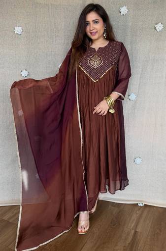 brown color handwork  mull chanderi kurti Palazzo  set