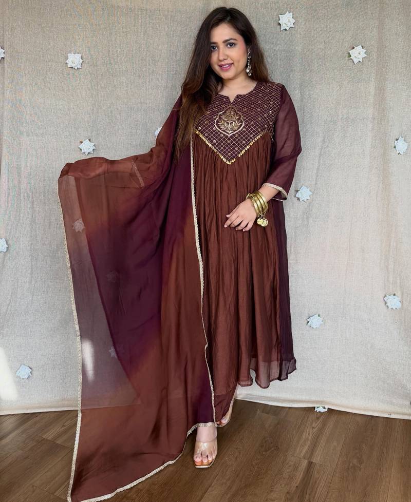 brown color handwork  mull chanderi kurti Palazzo  set