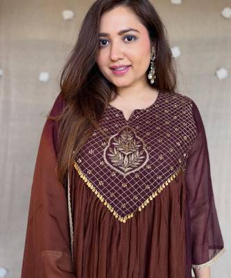 brown color handwork  mull chanderi kurti Palazzo  set 2