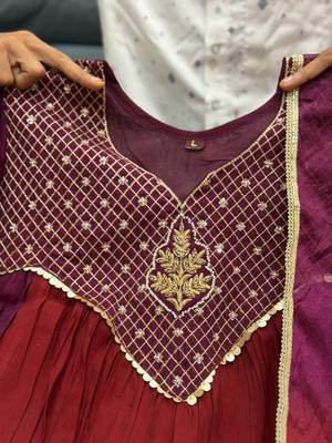 brown color handwork  mull chanderi kurti Palazzo  set 3