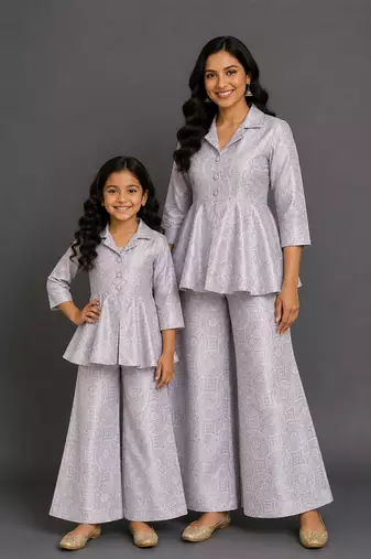 Lavender grey brocade mother daughter combo co ord set