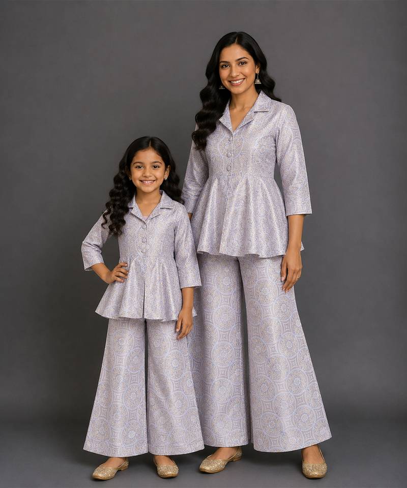 Lavender grey brocade mother daughter combo co ord set