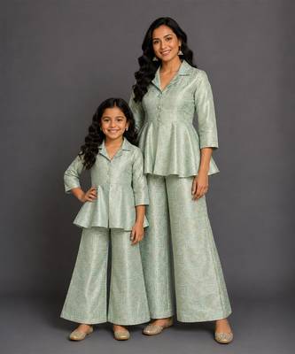 Pastel green brocade mother daughter combo co ord set 1