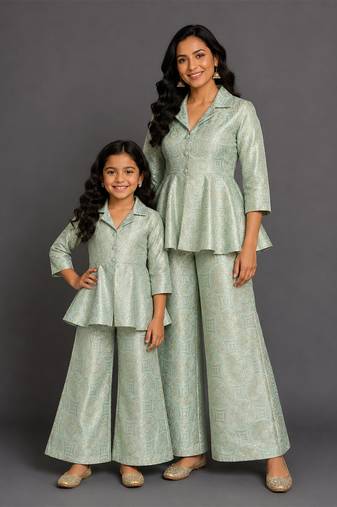 Pastel green brocade mother daughter combo co ord set