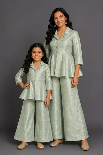 Pastel green brocade mother daughter combo co ord set
