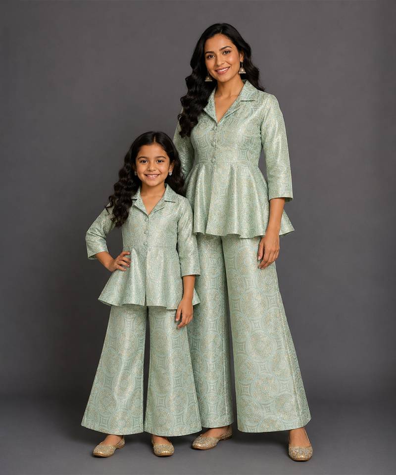 Pastel green brocade mother daughter combo co ord set