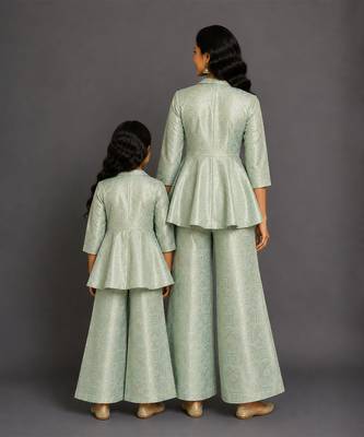 Pastel green brocade mother daughter combo co ord set 2