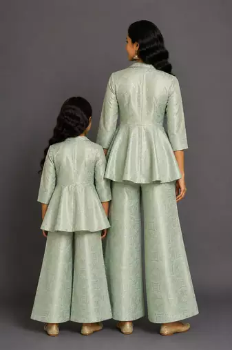 Pastel green brocade mother daughter combo co ord set