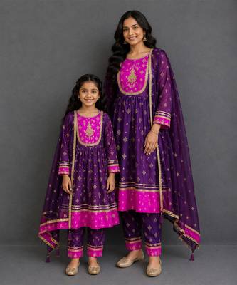 Purple pink embroidered silk mother daughter anarkali combo set 1