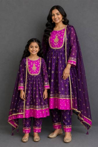 Purple pink embroidered silk mother daughter anarkali combo set