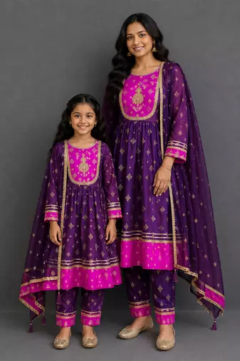 Purple pink embroidered silk mother daughter anarkali combo set