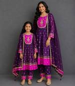 Purple pink embroidered silk mother daughter anarkali combo set