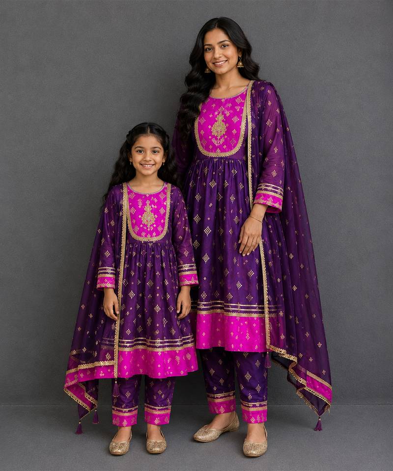 Purple pink embroidered silk mother daughter anarkali combo set