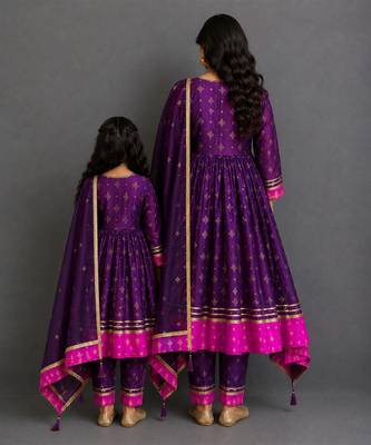 Purple pink embroidered silk mother daughter anarkali combo set 2