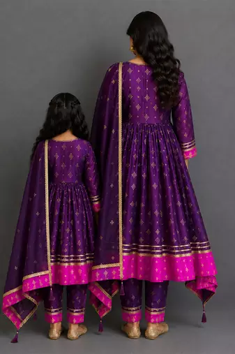 Purple pink embroidered silk mother daughter anarkali combo set