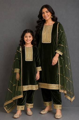 Green embroidered velvet mother daughter kurti combo set