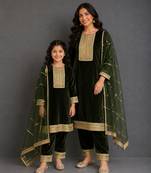 Green embroidered velvet mother daughter kurti combo set