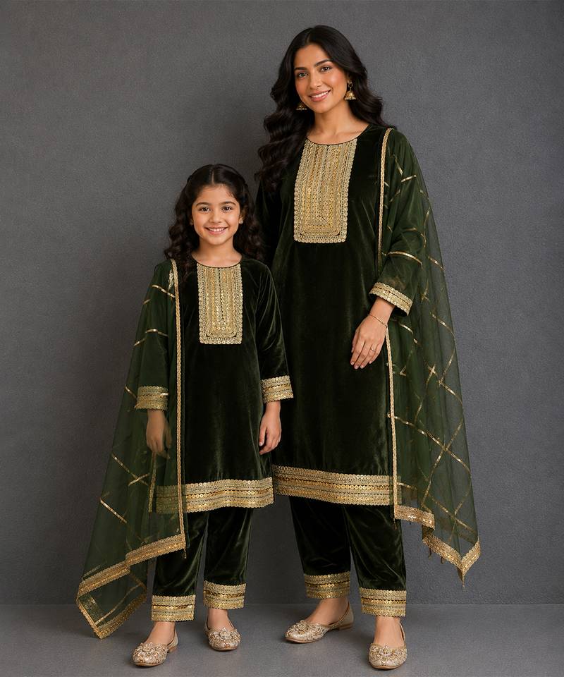 Green embroidered velvet mother daughter kurti combo set