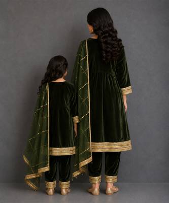 Green embroidered velvet mother daughter kurti combo set 2