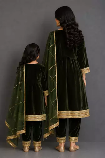 Green embroidered velvet mother daughter kurti combo set