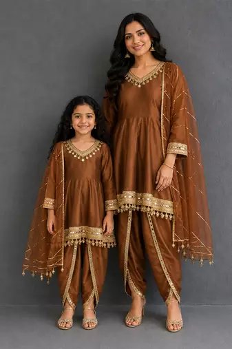Brown mirror embroidered silk mother daughter kurti combo set