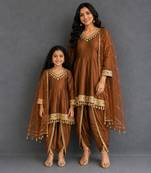 Brown mirror embroidered silk mother daughter kurti combo set