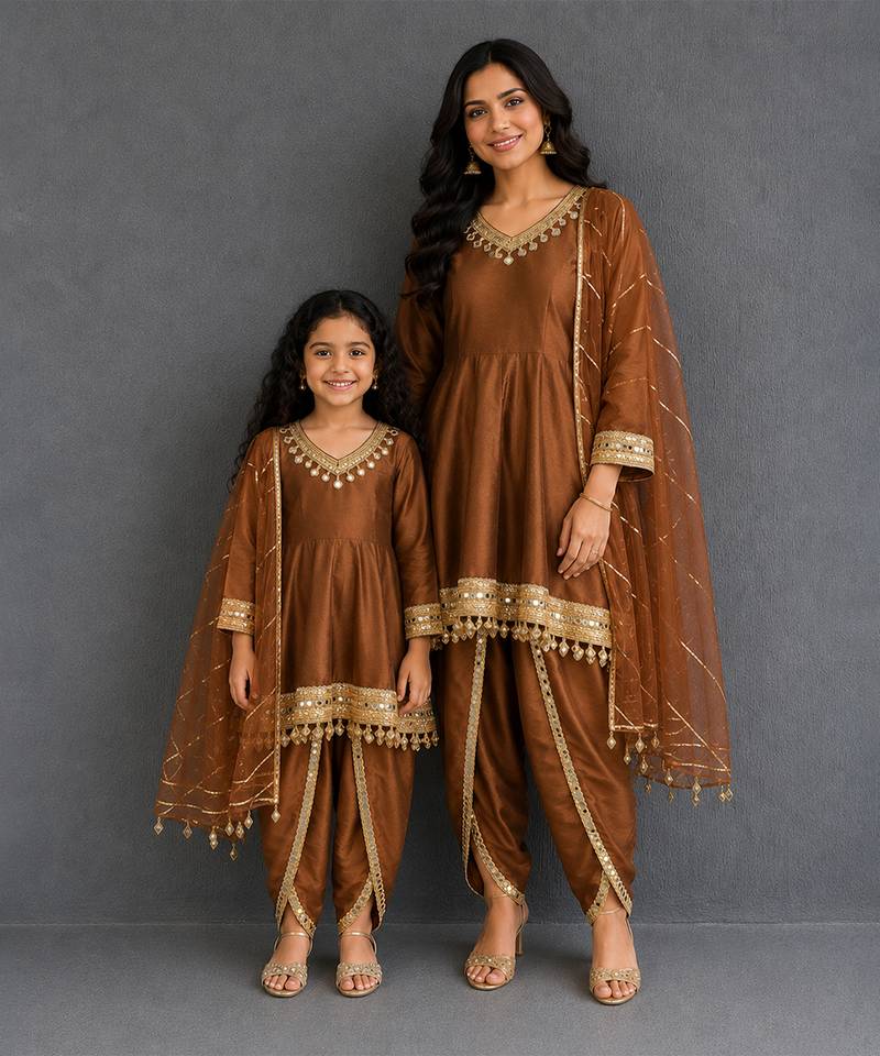 Brown mirror embroidered silk mother daughter kurti combo set