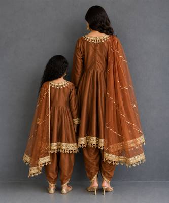 Brown mirror embroidered silk mother daughter kurti combo set 2