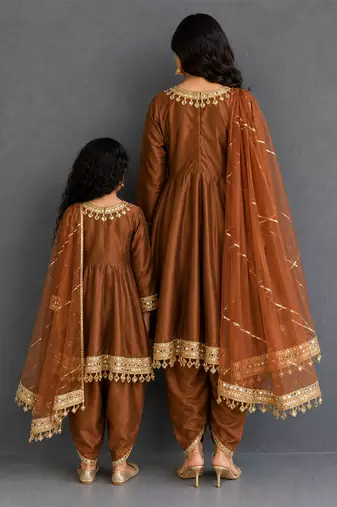 Brown mirror embroidered silk mother daughter kurti combo set